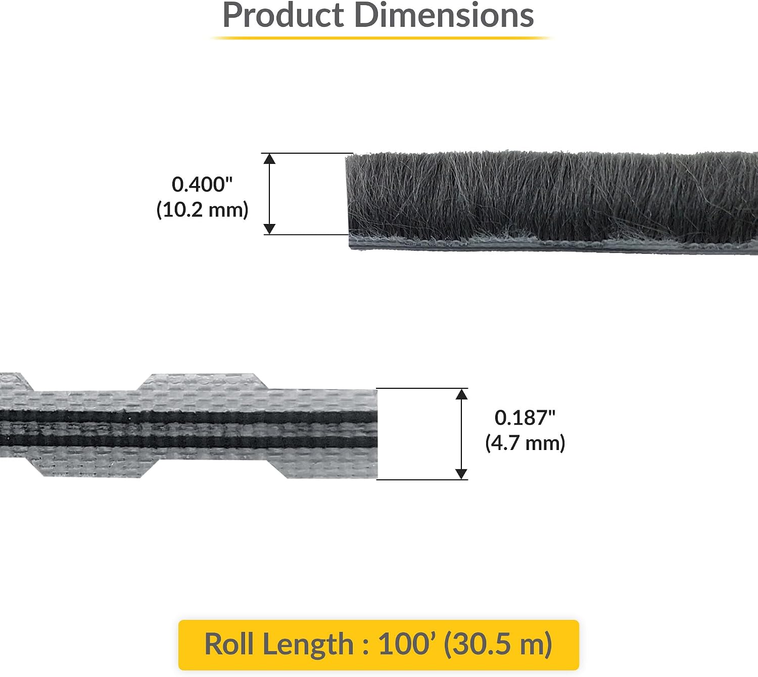 Brixwell Zipper Pile Weatherstrip - 100' Roll, 0.400" Pile Height, Gray Finish, Zipper Weatherization Seal for Windows & Doors, Weatherstrip Replacement, Door Weather Seal