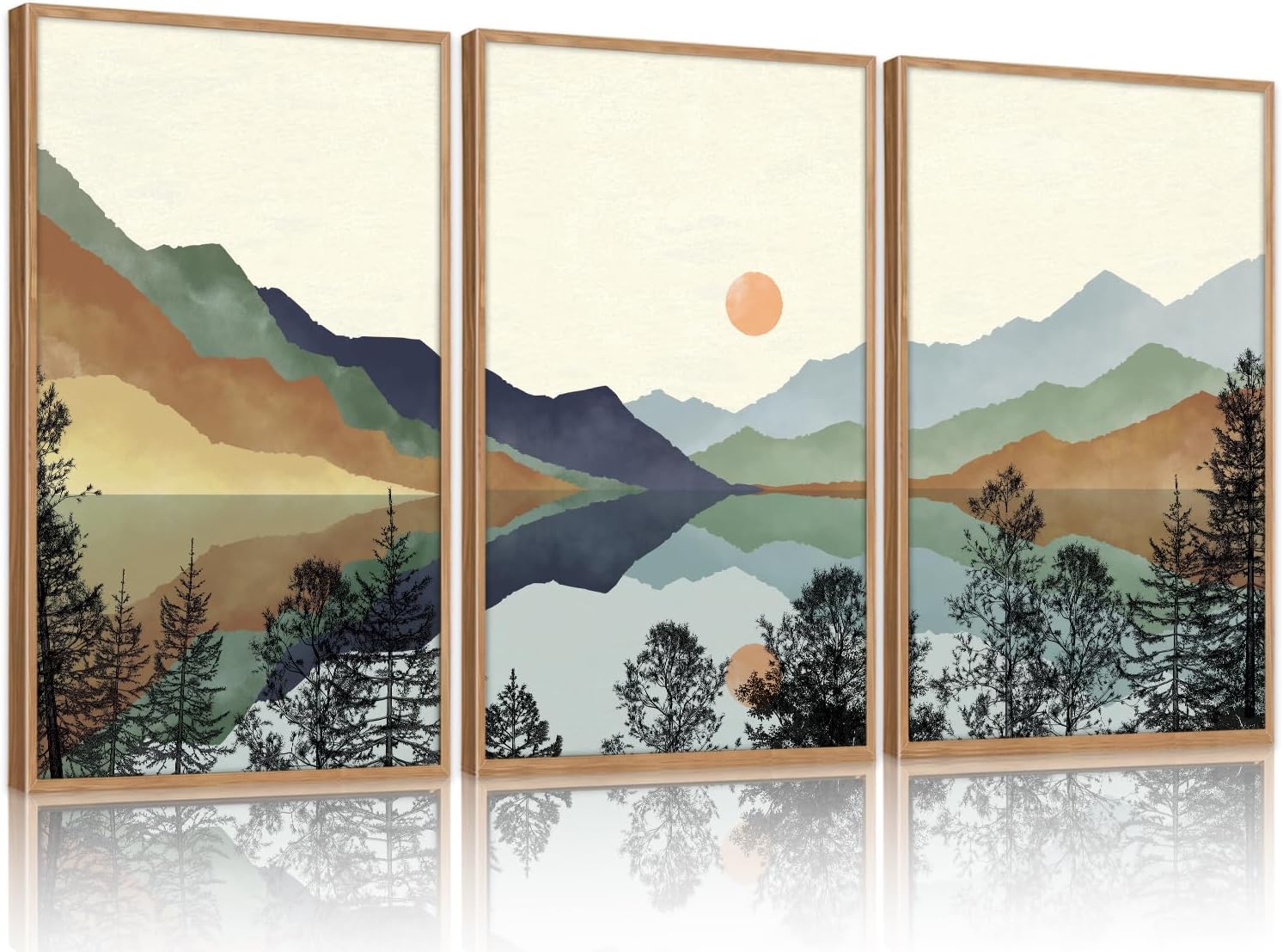 CHDITB Mountain Sun Forest Framed Art Prints(Set of 3, 16”x24”), Boho Watercolor Nature Landscape Canvas Artwork Painting, Abstract Foggy National Park Scenery Poster Decor for Living Room Bedroom