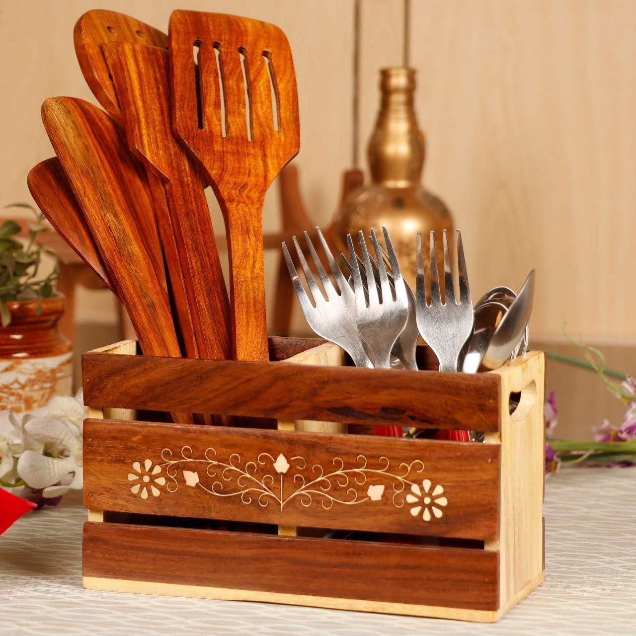 Best Mart Handmade Wooden Cutlery Holder with Brass Inlay – Multipurpose Stand & Organizer for Dining Table and Kitchen, 8 x 3.2 x 4 Inches