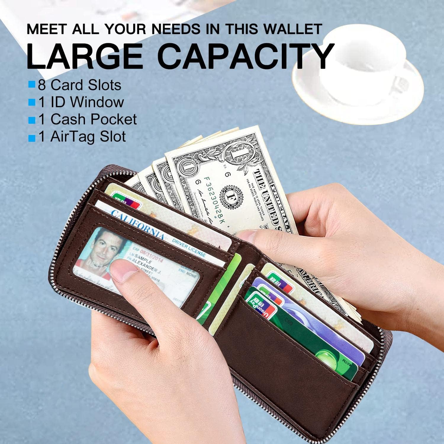 Huztencor AirTag Wallet, Mens Zipper RFID Slim Leather Credit Card Wallet With Built-in Case Holder for Apple AirTag - Oil Coffee image 3 of 7 B09VMP9V7D