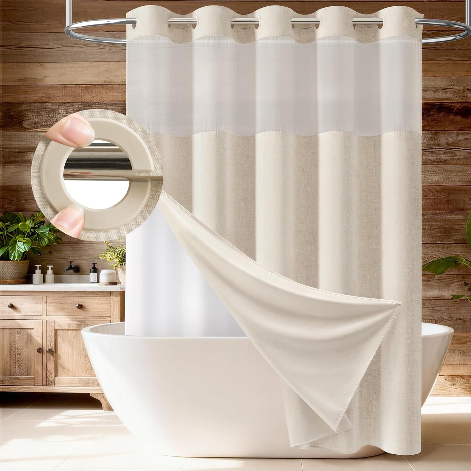 BTTN Long Ringless Shower Curtain and Liner Set, 78 Inch Tall Linen Textured Fabric Shower Curtain for Bathroom, Waterproof Washable Snap in Liner, See Through Mesh Top Window, 72x78, Beige/Cream