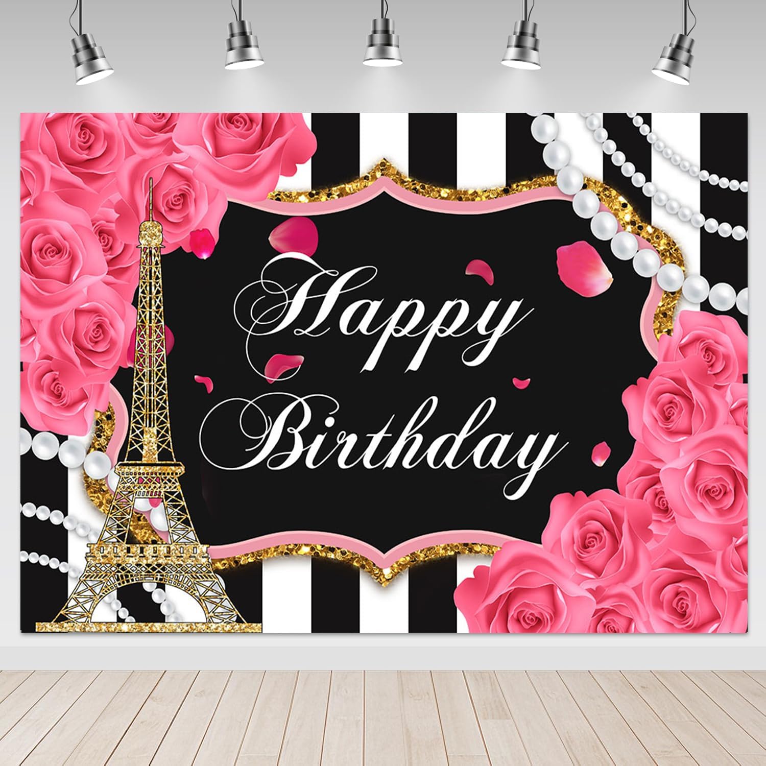 Mocsicka Paris Birthday Backdrop 7x5ft Black White Stripe Pink Rose Effel Tower Happy Birthday Photo Booth Backdrops Sweet 16th Photography Studio Background