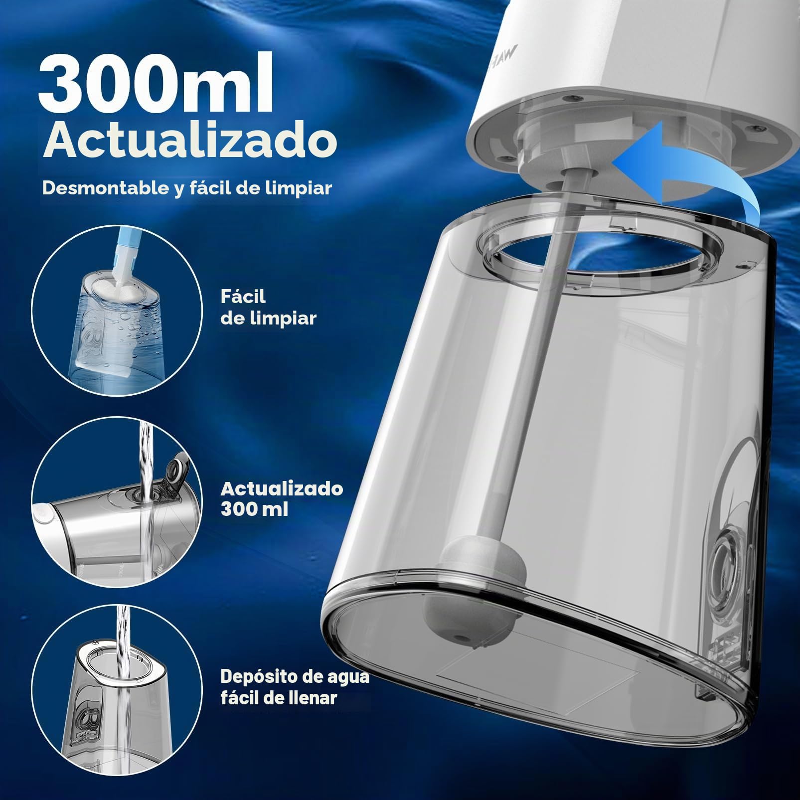Irrigador bucal para dientes inalámbrico: irrigador bucal, 8 puntas de chorro, 4 modos, portátil, tanque de 300 ml, recargable por USB, IPX7, impermeable, hilo dental para adultos, limpieza de