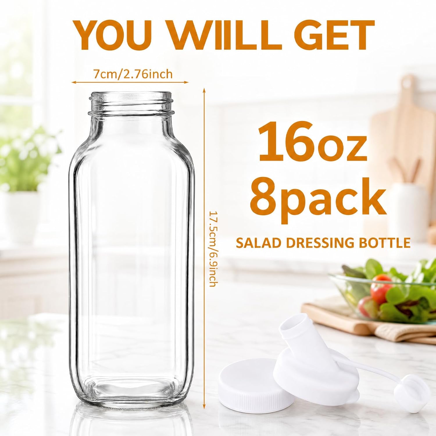 Sawysine 8 Pack 16 oz Salad Dressing Shaker Glass Dispenser with Pour Silicone Spout and Tamper-proof Lid Refillable Salad Dressing Dispenser Mixer Shaker for Sauces Ketchup Sour Cream Syrup