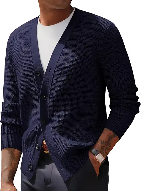Herren Strickjacke Waffel Cardigan Langarm V-Ausschnitt Button Down Strickpullover