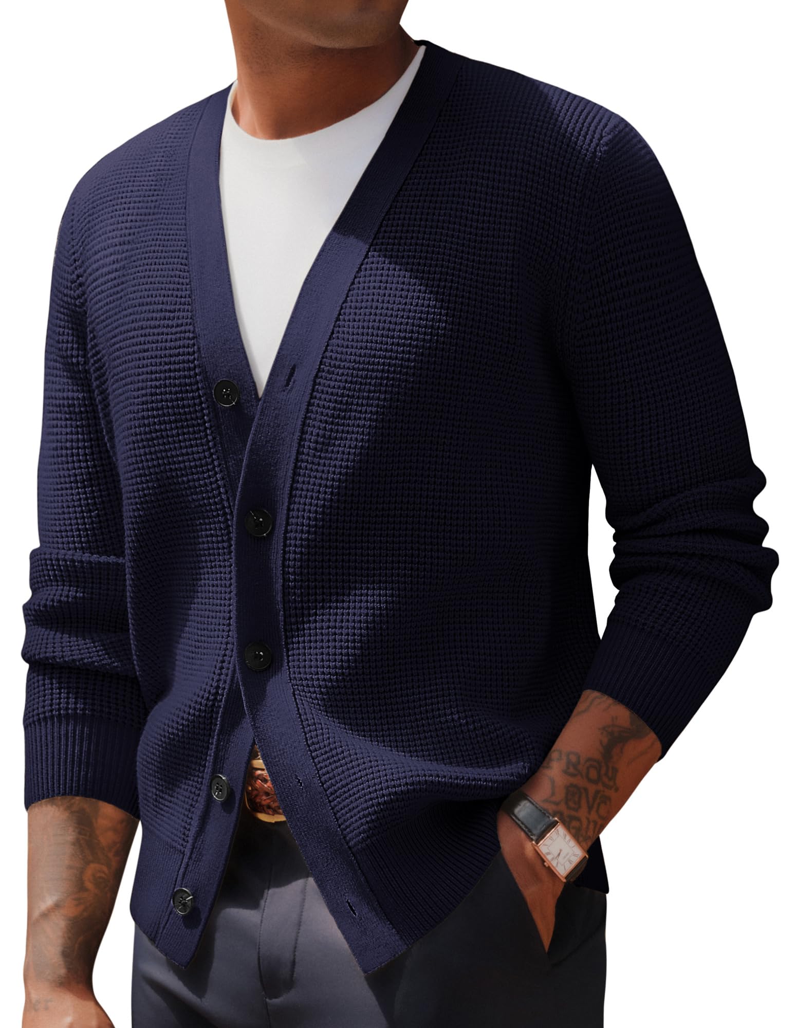 PJ PAUL JONES Herren Strickjacke Waffel Cardigan Langarm V-Ausschnitt Button Down Strickpullover