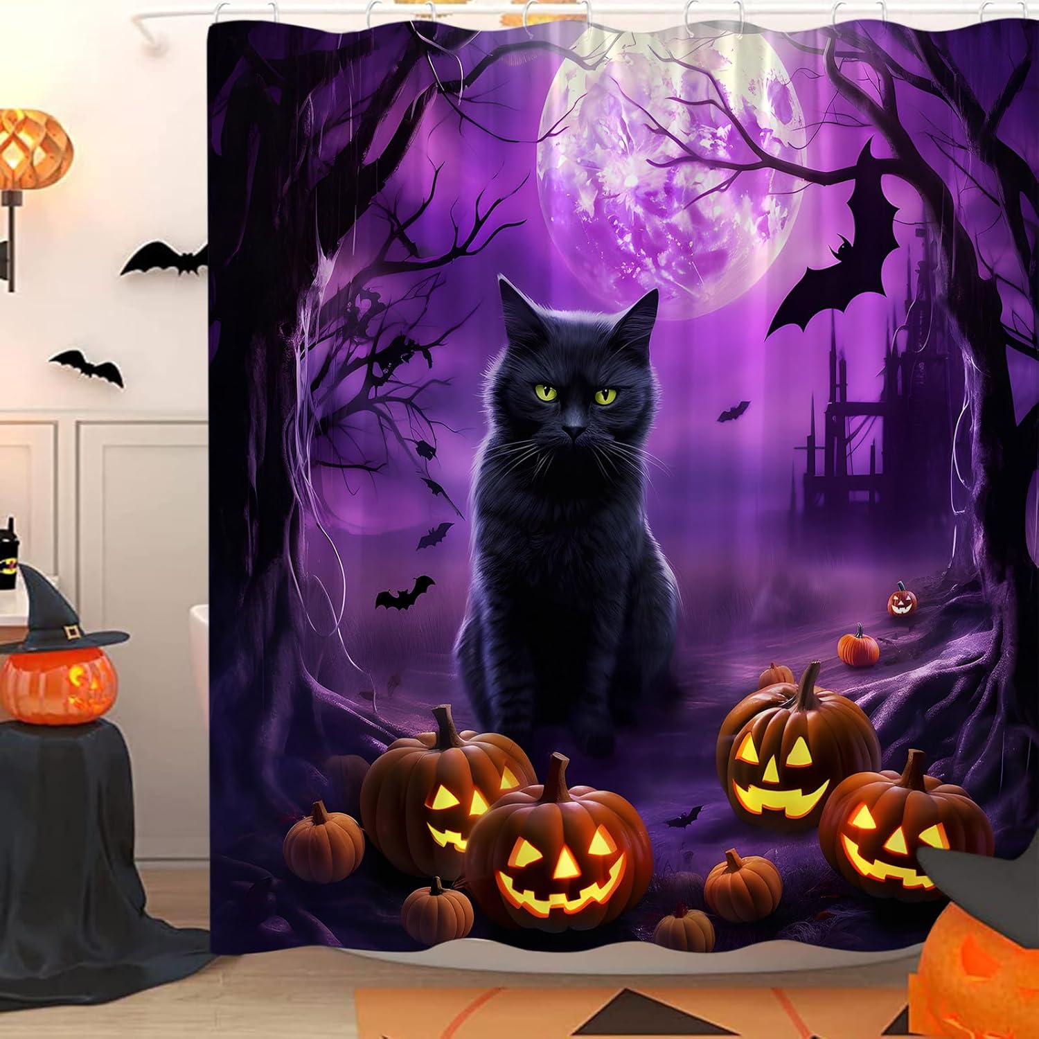Halloween Shower Curtain Purple Scary Night Black Cat Bat Horror Castle Full Moon Black Dead Tree Haunted House Pumpkin Courtyard Gothic Spooky Fabric Bathroom Curtain Set with Hook