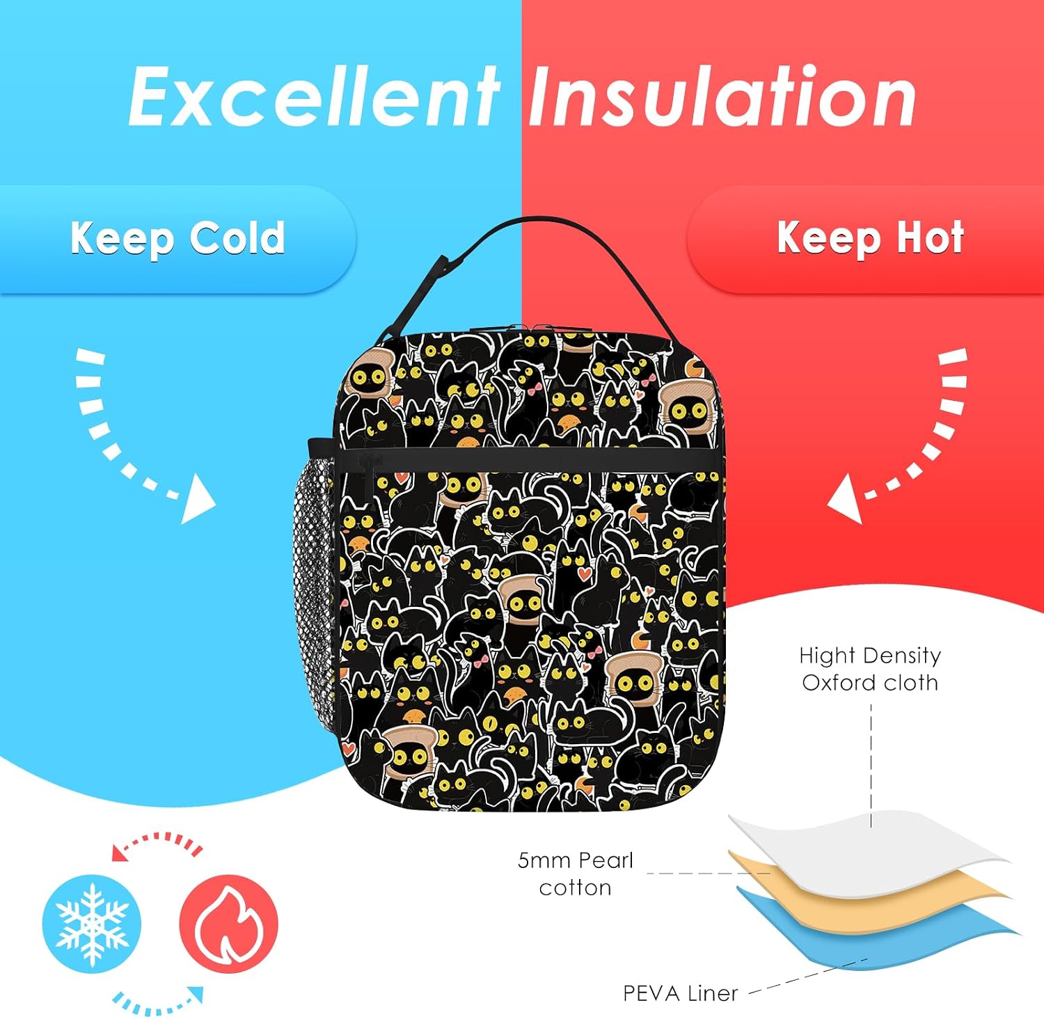 Black Cat Lunch Box for Women Men, Insulated Lunch Bag for Women, Thermal Lunchbox for Woman, Cooler Lunches Tote Bag for Woman Adult Cute Cartoon Reusable Leakproof Portable Work Office Picnic image 4