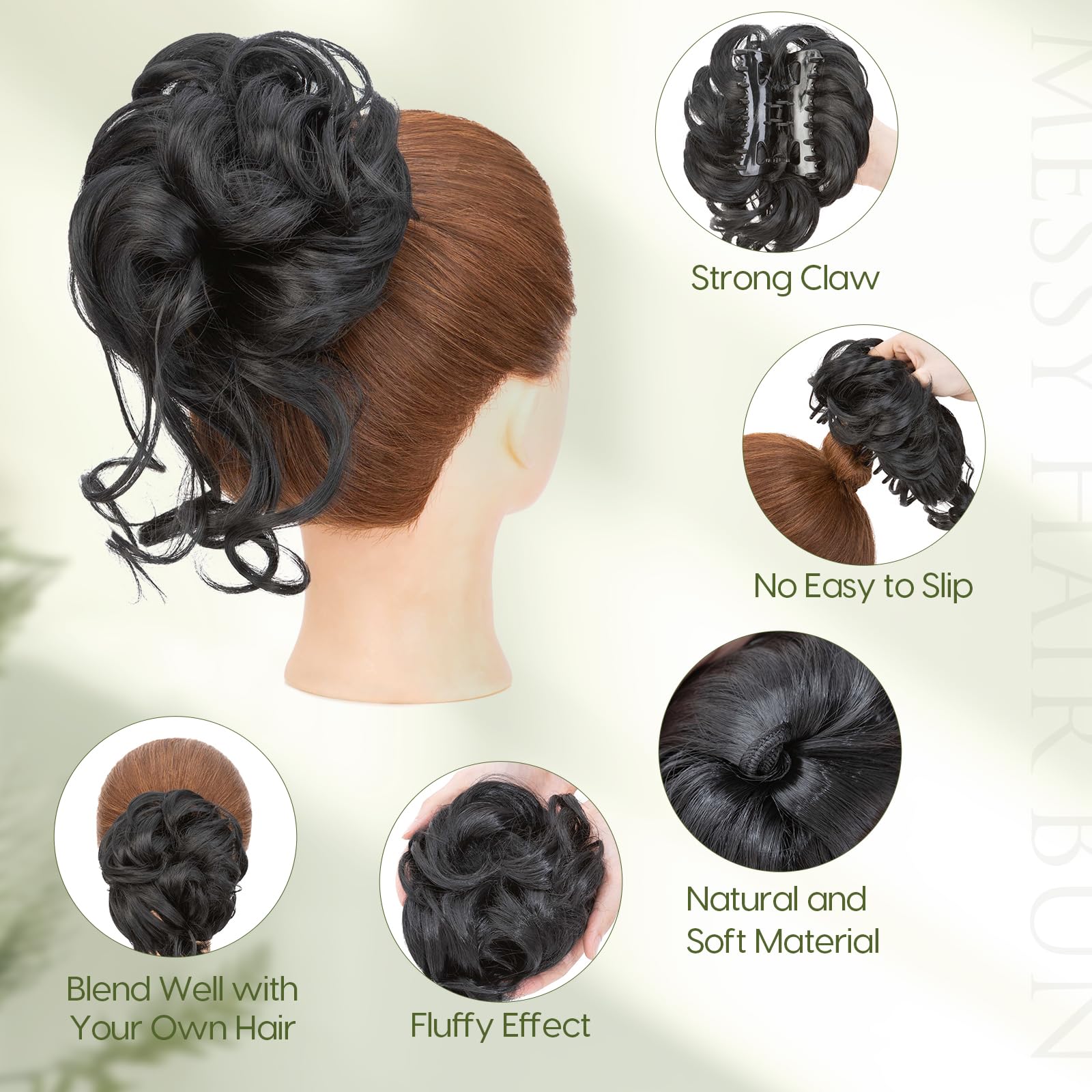 Benehair Messy Bun Hair Piece Wavy Curly Claw Clip Hair Bun Extensions Synthetic Hair Bun Donut Accessories Scrunchies Black Hair Pieces for Women(Black - Image 3