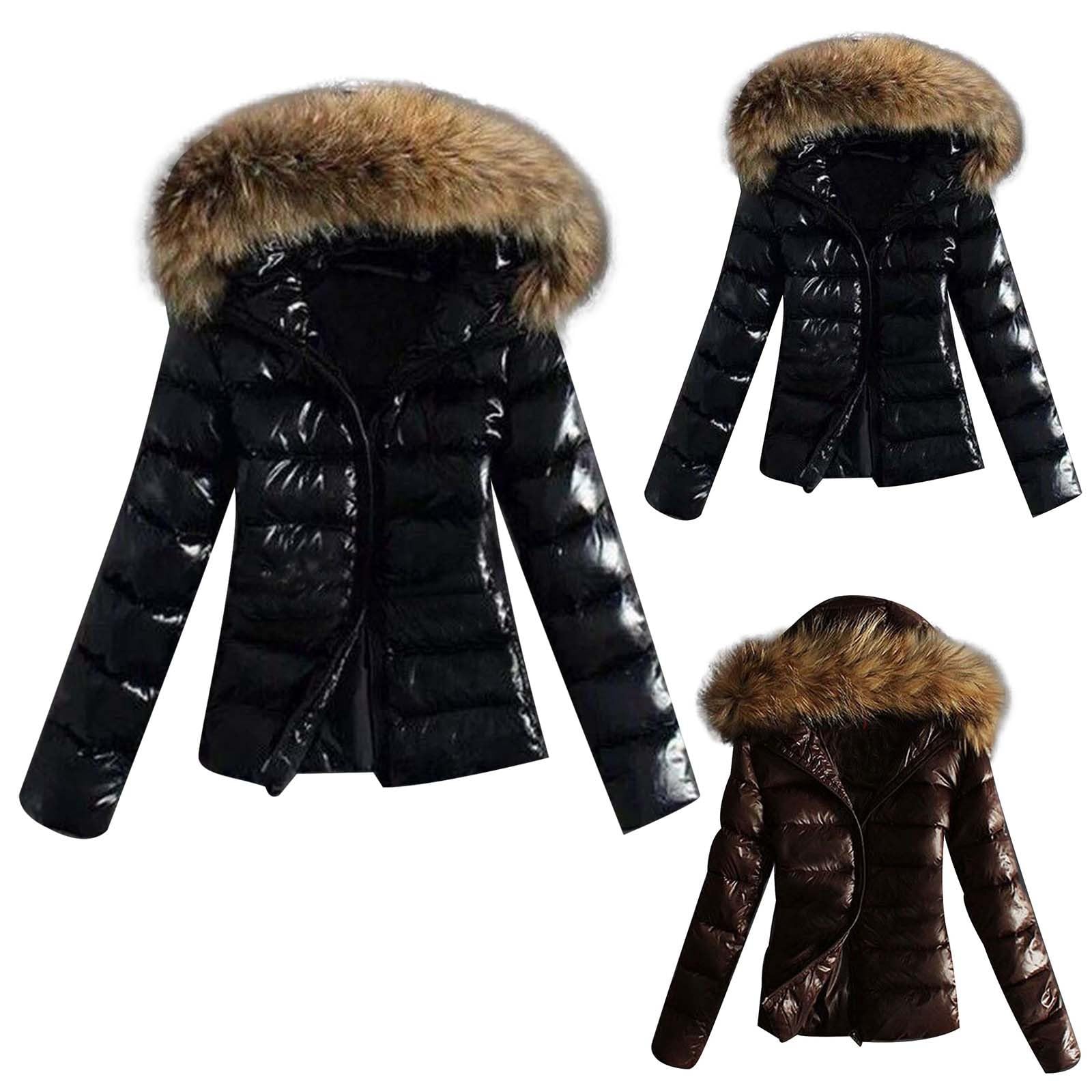 Manteau D'hiver - Doudoune Brillante pour Femme - Veste d'hiver Courte - Veste Matelassée - Vêtement D'extérieur pour Femme - Manteau D'hiver en Duvet avec col en Fausse Fourrure