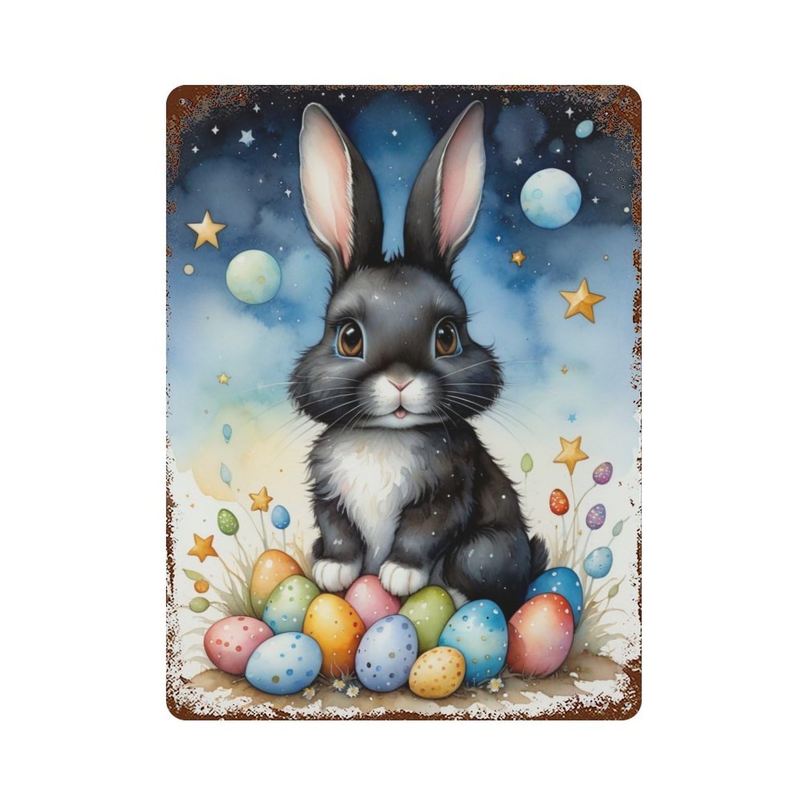 Easter Bunny with Eggs Rust Effect Tin Sign 15.7"x11.8", Vintage Wall Decor for Bistro, Counter And Cafe Decor
