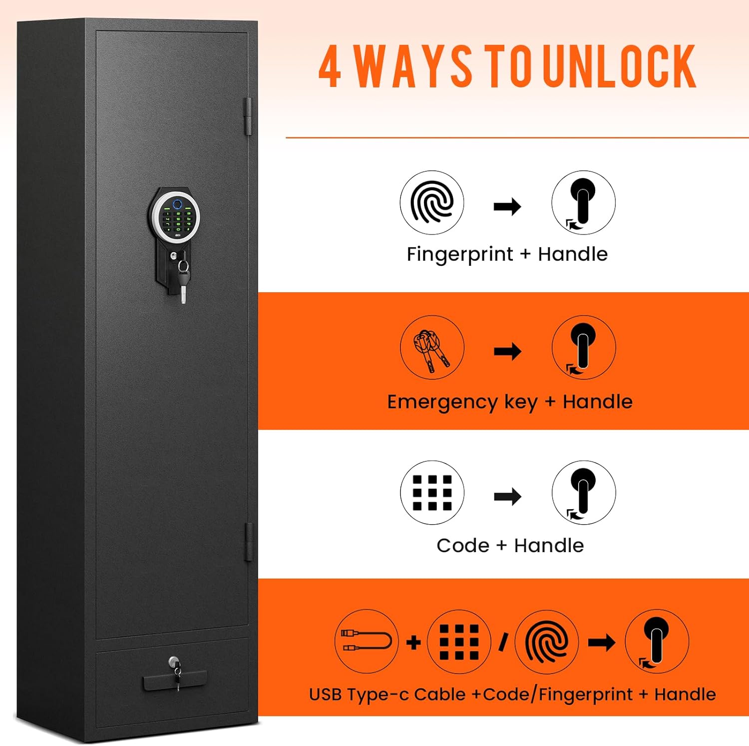 Gun Safe, 4-5 Gun Rifle Safe for Home Rifle and Pistols, Quick Access Gun Safes with Drawer, Removable Shelf and Pistol Bags, Biometric Gun Safe with Adjustable Gun Rack