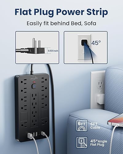 Miniatura 5 de Regleta protectora de sobretensiones, 14 tomas de corriente y 6 puertos USB, cable de extensión de enchufe plano de 6 pies, 1850 julios, negro,