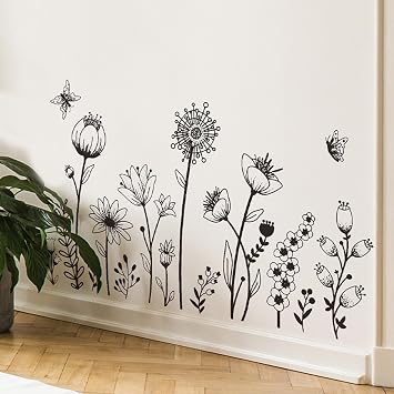 Simple Boho Black Flower Wall Decals - Modern Floral Wildflower Wall Art Stickers for Bedrooms, Living Rooms & Offices