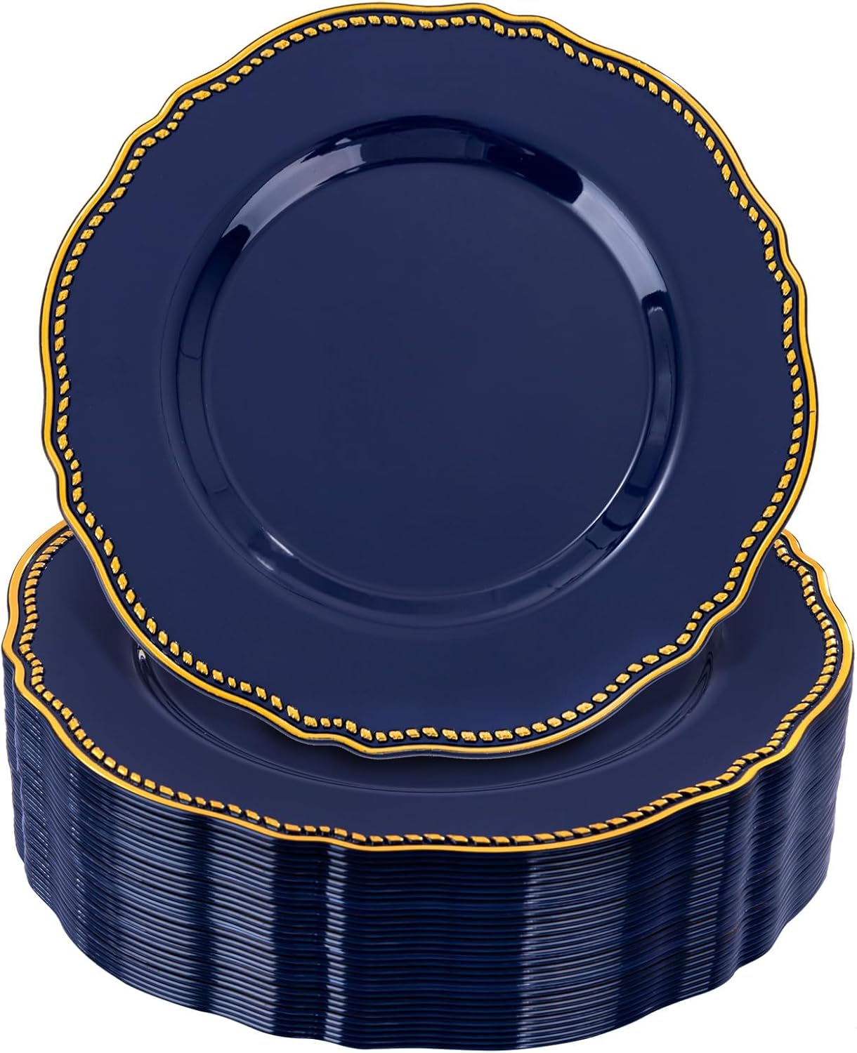 Hioasis 60pcs Blue Plastic Plates - Blue and Gold Disposable Dinnerware with Gold Rim, Heavy-duty, 7.5 inch, Dessert Plates for Party & Christmas