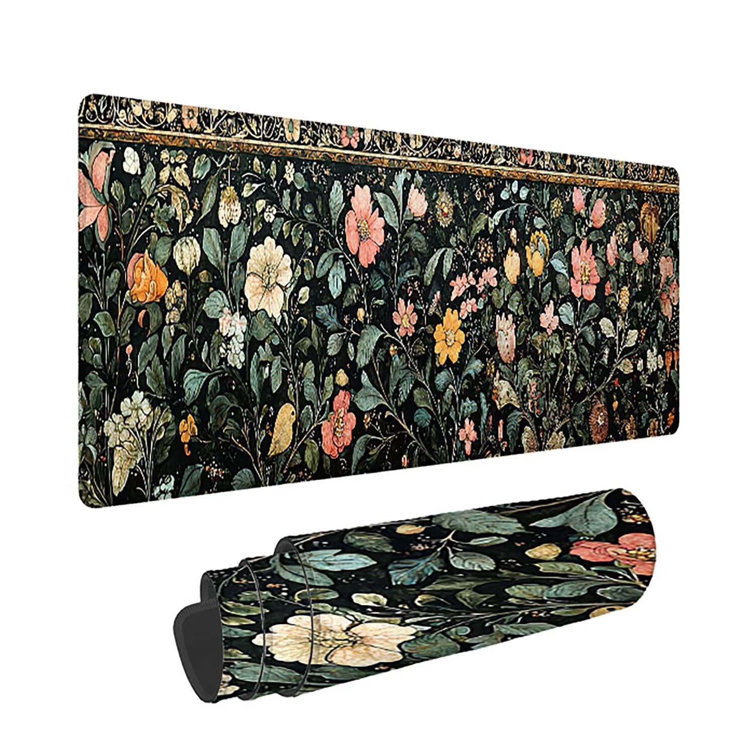 Gamingowa podkładka pod mysz XXL, 1600 x 800 x 3 mm, kwiatowa, antypoślizgowa, XXL, retro, duża, podkładka na biurko, nadaje się do prania, antypoślizgowa gumowa podstawa, szwy na krawędziach do