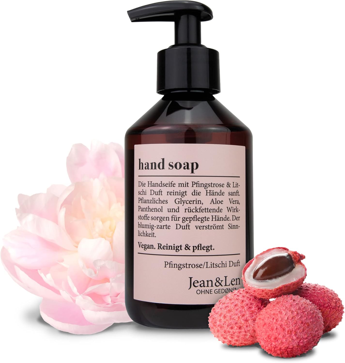 Jean & Len Hand soap Peony & Lychee, liquid soap in pump dispenser for