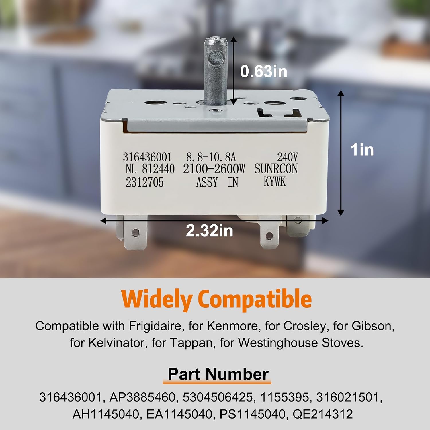 316436001 316021501 Surface Element Burner Infinite Switch (8 Inch) | 316436001 Surface Burner Control Switch Replaces: 1155395, AP3885460, PS1145040, EAP1145040, Fits for Frigidaire for Kenmore