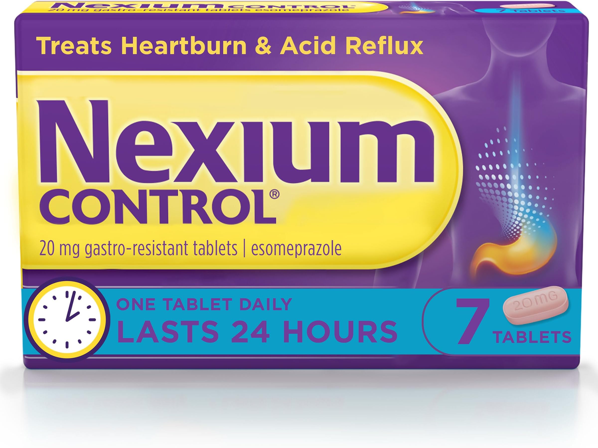 Control Heartburn & Indigestion Tablets for Acid Reflux Relief, Gastro-Resistant Esomeprazole Tablets, 20mg, 7 Count