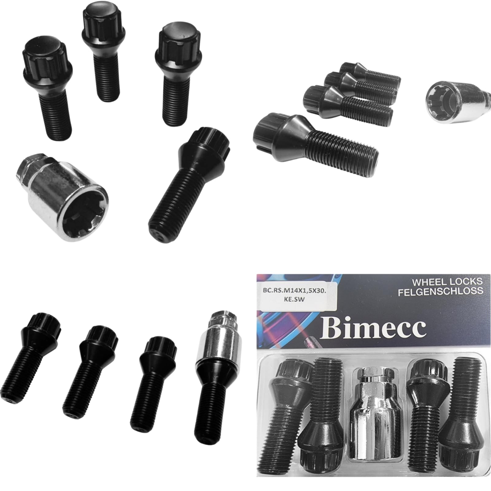 Blokada do felg M14 x 1,5 x 30 mm, taśma stożkowa 60°, kompatybilna z Nissan Opel Renault 4 x czarne zamki do felg, zabezpieczenie felg, zabezpieczenie kół, śruby do kół