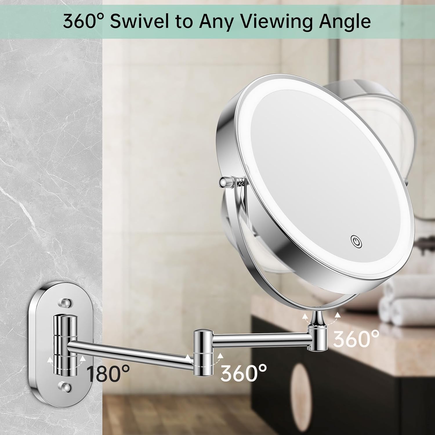 FUNTOUCH 2500mAh Rechargeable Wall Mounted Lighted Makeup Vanity Mirror 8 Inch Double Sided 1X 20X Magnifying Bathroom Mirror, 3 Color Lighting, Touch Dimming, Extended Arm 360° Light up Mirror