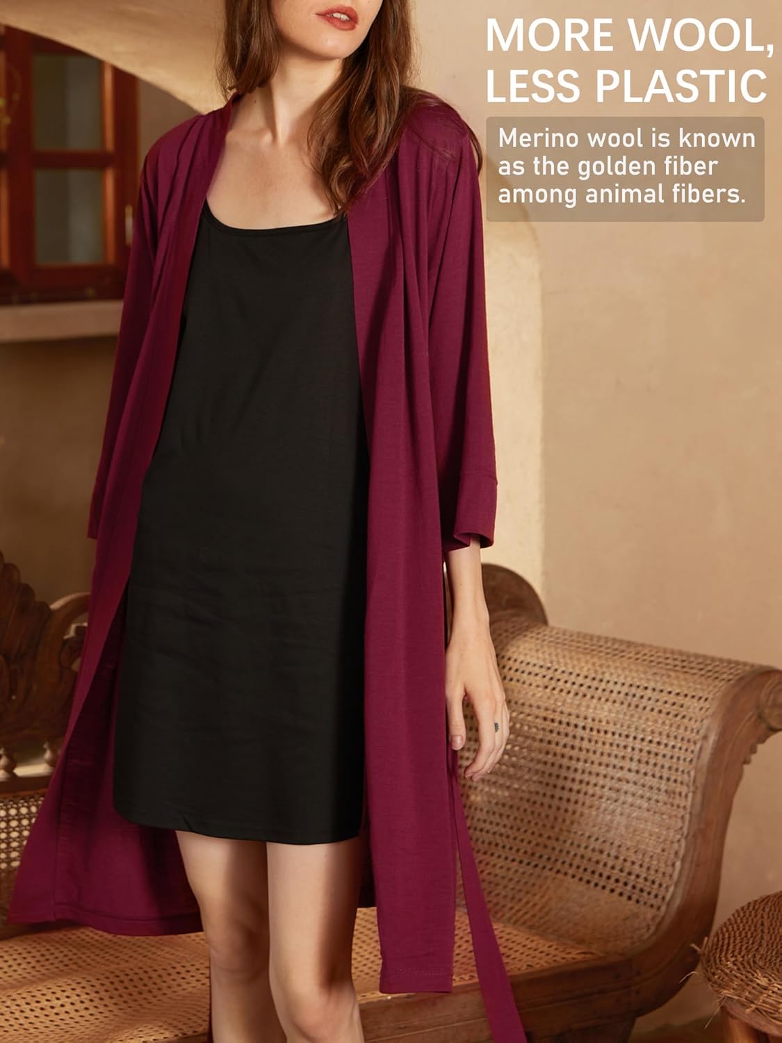 SIORO Women's Wool Robe, Short Bathrobe, Lightweight Loungewear with Pockets, Plus Size Sleepwear for Spa, Resort & Hotel - Image 4