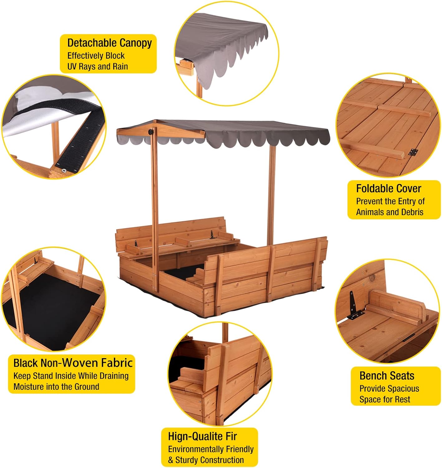Aivituvin Kids Sand Boxes with Canopy Sandboxes with Covers Foldable Bench Seats, Children Outdoor Wooden Playset - Upgrade Retractable Roof (47x47Inch) : Toys & Games