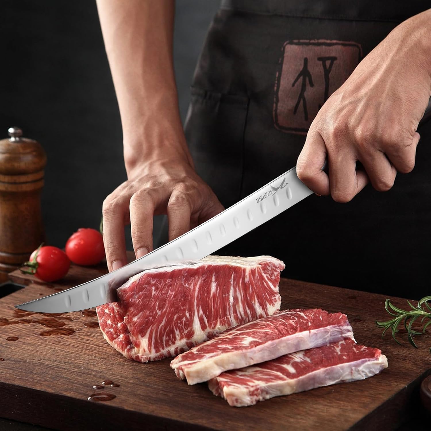 Golden Bird Professional Breaking Knife - 10 Inch Multifunction Butcher Breaking Knife for Meat Cutting, Razor Sharp Scimitar Knives, Granton Edge Carving Knives, Christmas Gifts for Men Women - Image 5