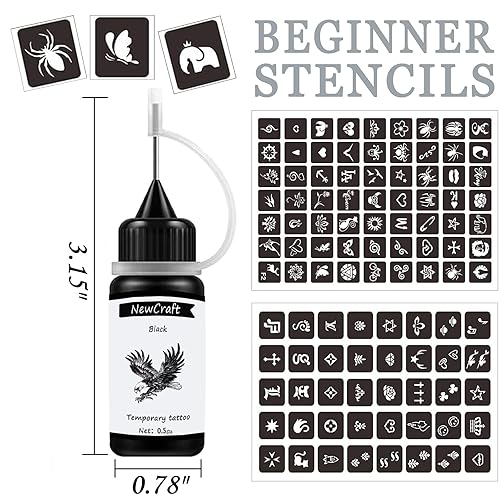 Miniatura 2 de 3 paquetes de tinta de tatuaje temporal negra y plantillas para adultos, adolescentes y niños, kit de tatuaje temporal agradable a la piel
