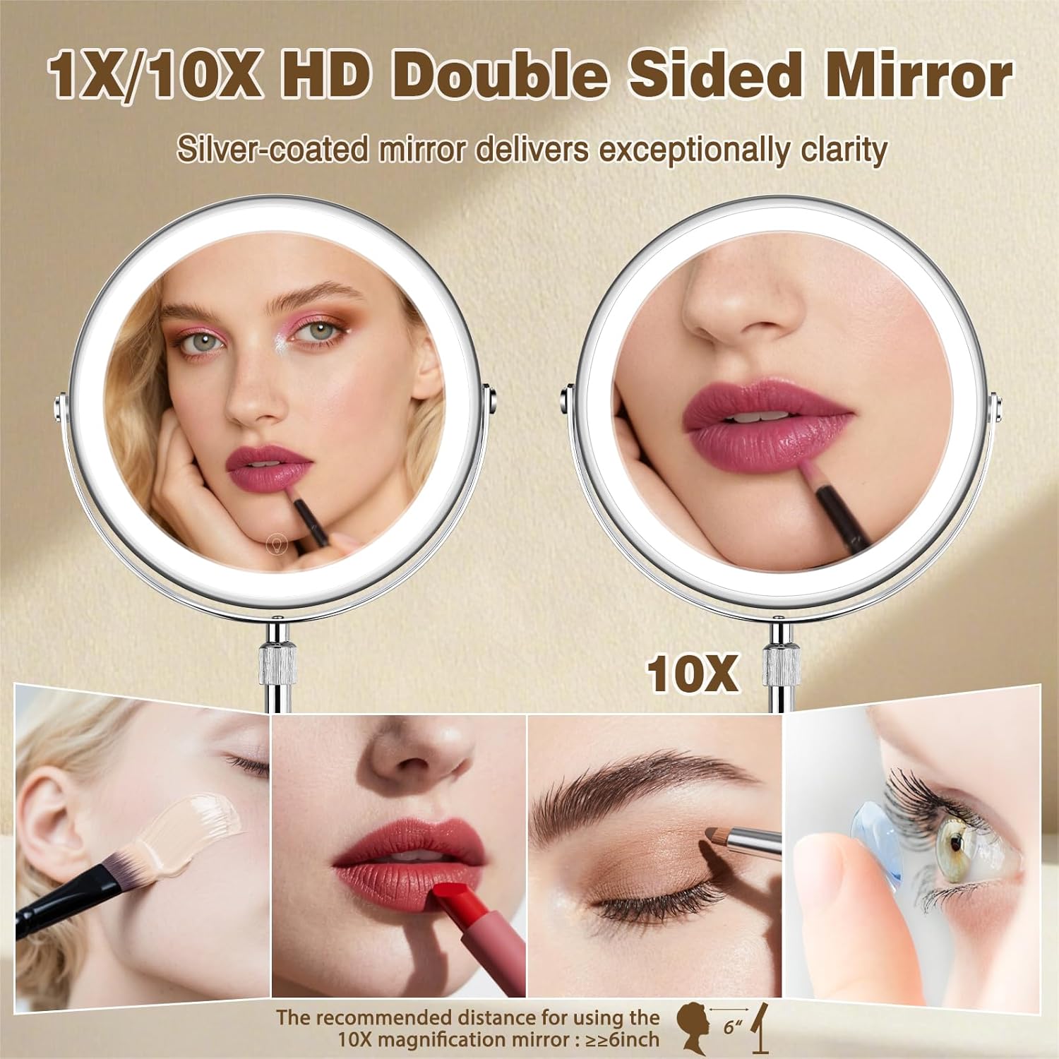 9” Height Adjustable Lighted Makeup Mirror with 10X Magnification - Rechargeable 360° Double Sided Vanity Mirror with 3 Color Modes, Touch Dimmable Brightness for Bathroom & Bedroom - Gift for Women