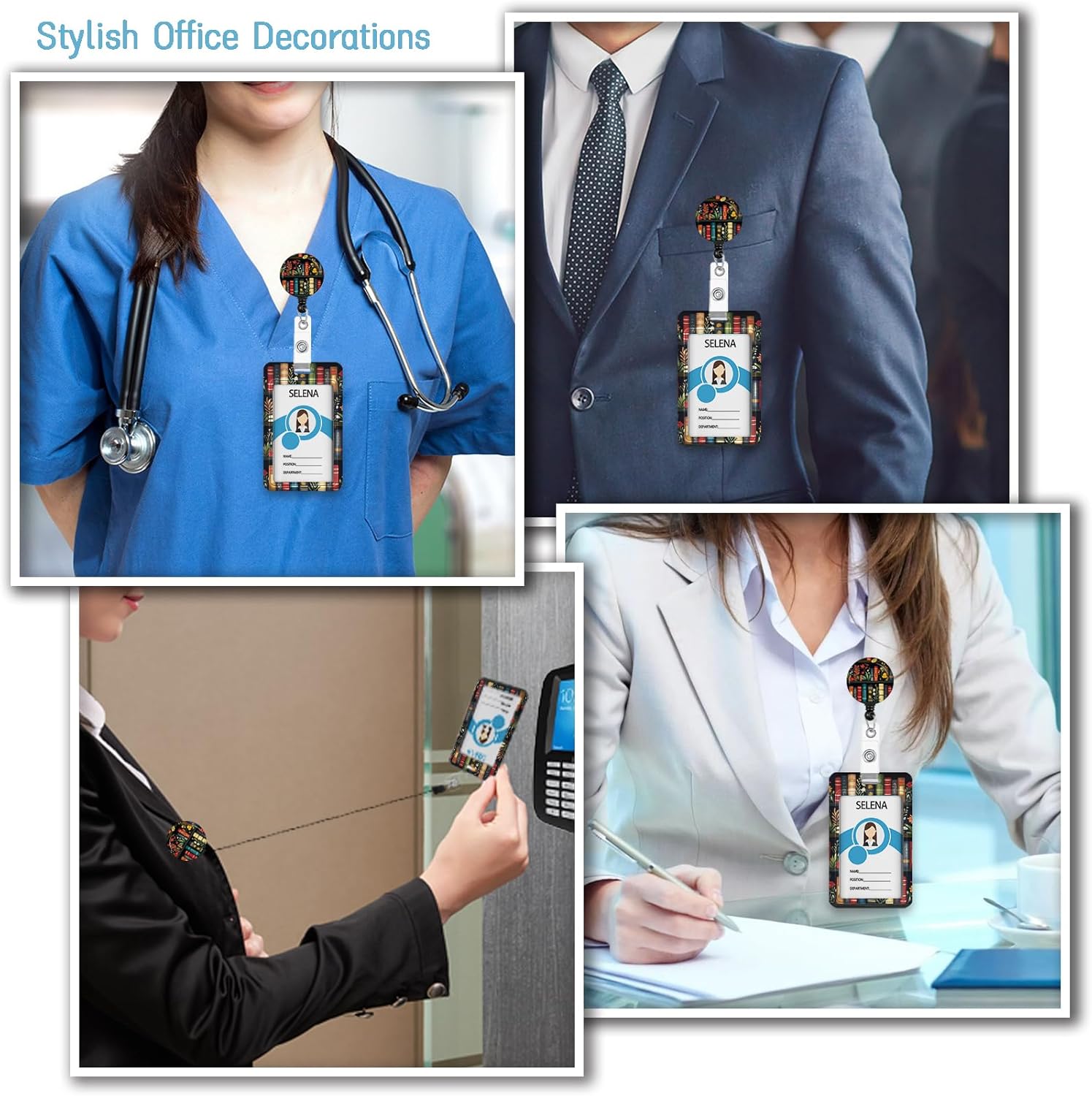 Floral Bookshelf Lanyards for ID Badges, Badge Holder with Lanyard Detachable, Badge Reel Retractable Keychain Clip, Cruise Ship Cards Holder Protector Name Tags, Teacher Nurse Office Women Gifts - Image 3