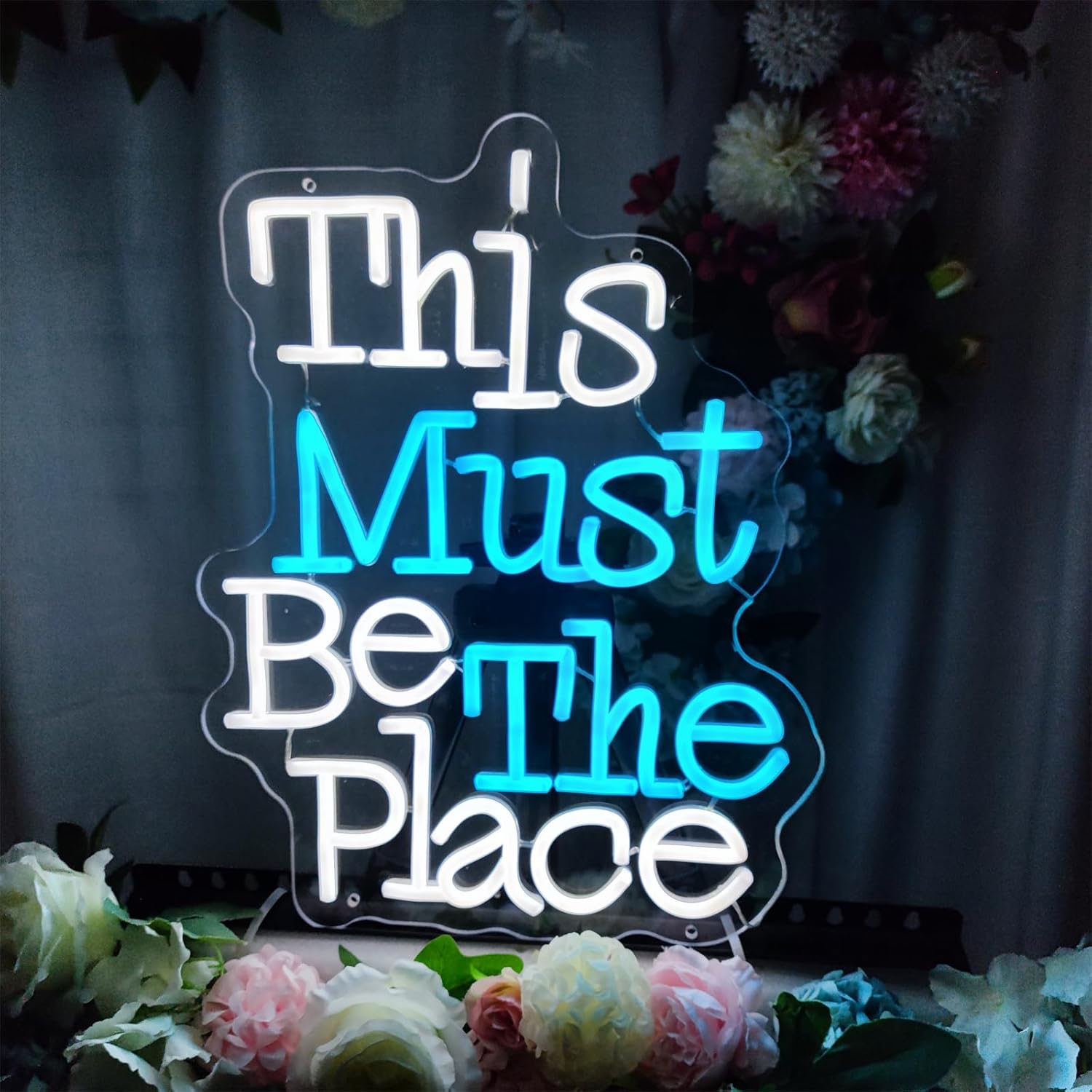 This Must Be The Place Neon Sign for Wall Decor,Personalized Shower Led Light Flower Backdrop,Cute My Happy Place Neon Signs Gift Engagement Birthday Wedding Party,SIGNVIA,Size:43.5 * 33.5cm
