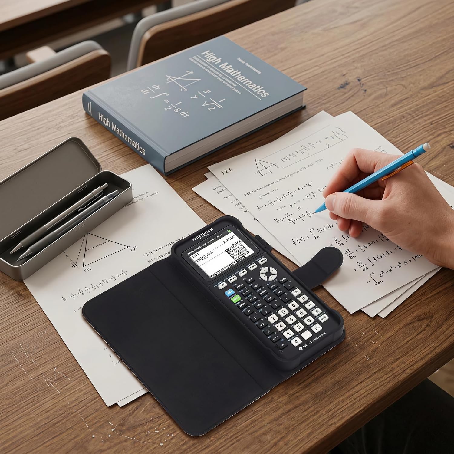 Leather Flip Case for Texas Instruments TI-84 Plus CE Color Graphing Calculator with Pen Holder & Screen Protector, Streamlined Protection for Graphing Calculator (Black)