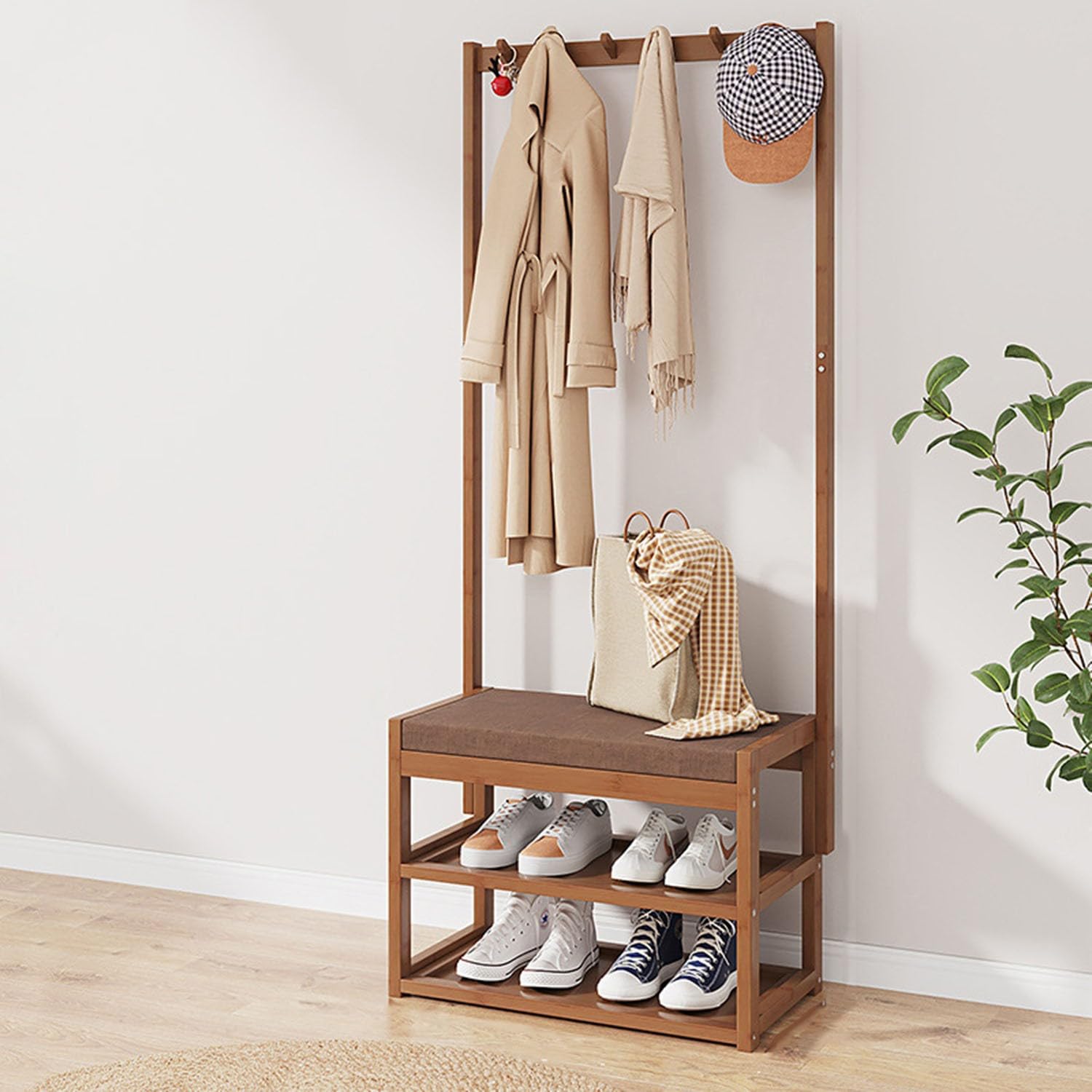 Meuble d'entrée multifonctionnel avec porte-manteau en bambou pour couloir et salon
