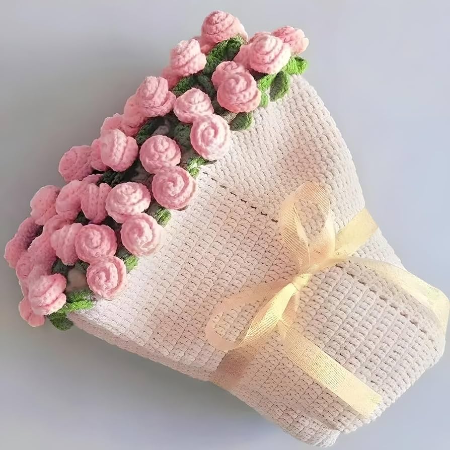 ブーケブランケット ハンドメイド 大きいバラ ピンク系 かぎ針