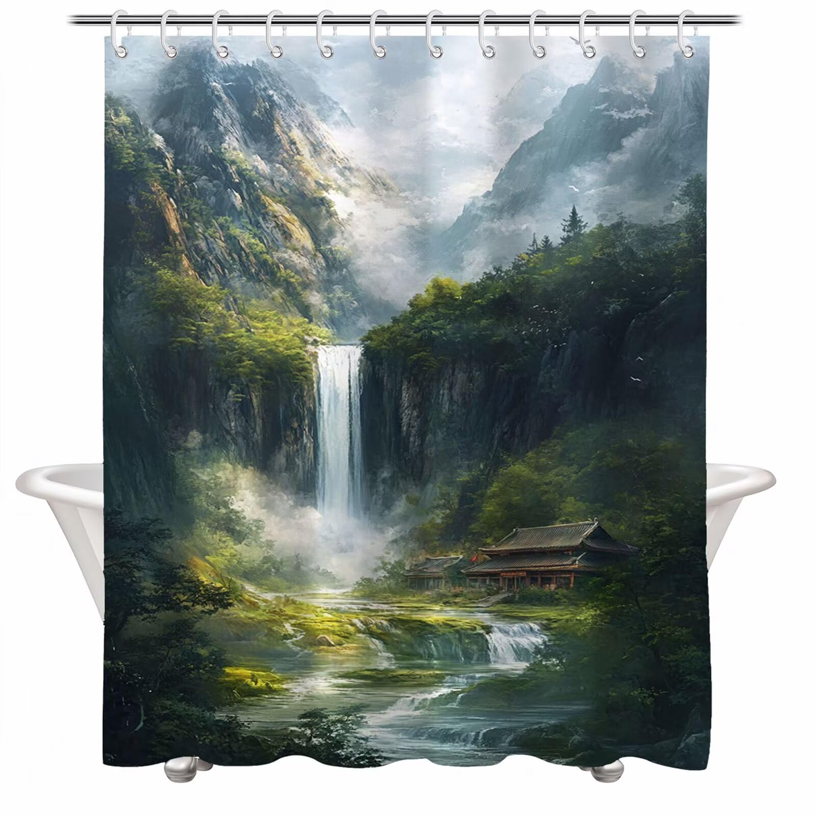 Shower curtain montagne pour créer une ambiance chalet nordique au moment du bain