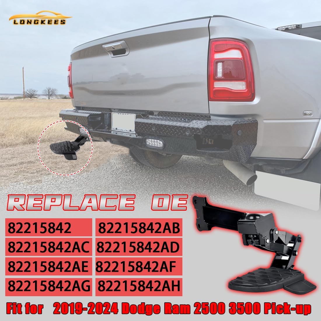 Rear Bed Step for Dodge Ram 2500 3500 (2019-2024) – Retractable Bumper Tailgate Step, OEM Replacement 82215842AH 82215842AD