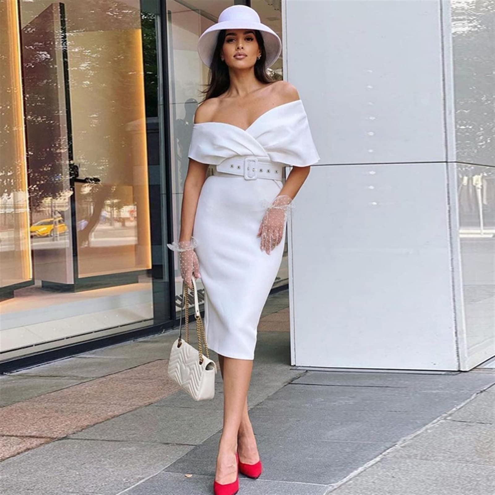 HLCC Black Silk Dress Women Criss-Cross V Neck Wrap Dress With Belt Off The  Shoulder High Waist Kneel length Gorgeous Elegant Celebrity Dresses (Color  : Red, Size : L) : Buy Online