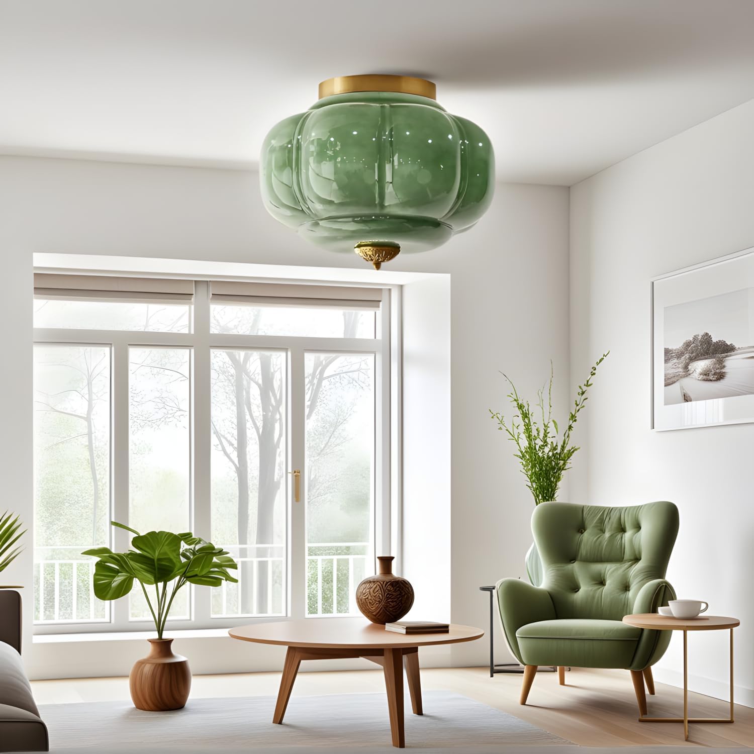 Bofea-Mid Century Semi Flush Mount Ceiling Light Fixture,Green Glass Hallway Light,Vintage Gold Ceiling Light,Antique Brass Lighting Fixture,Close to Ceiling Lamp for Kitchen Entryway Bathroom