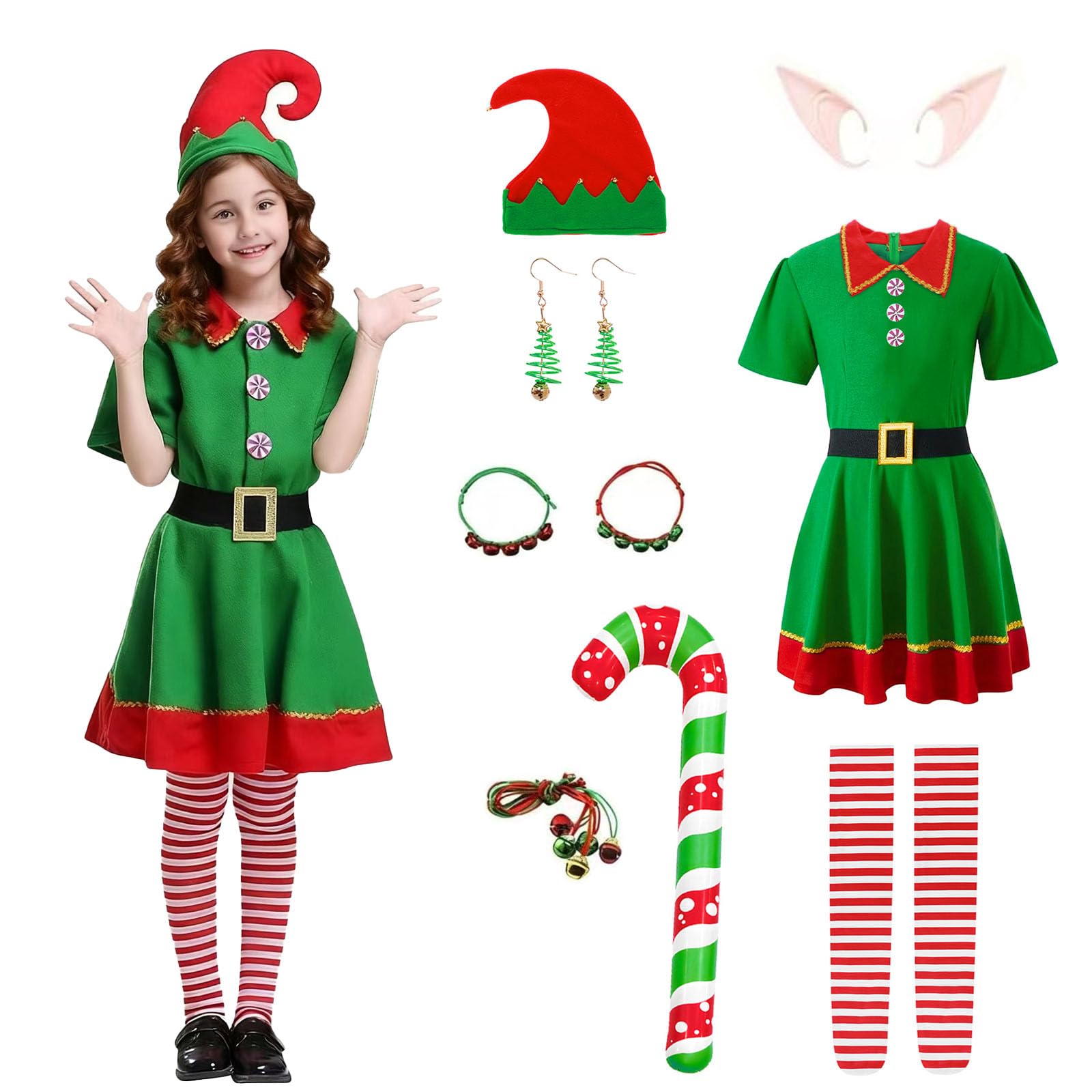 Effluvcy Elf Costume for Adults kids, Elf Costume Women Men Outfits Dress with Hat Belt Ear Necklace Balloon Bracelet Shoe Covers, Adult Costume Cosplay Holiday Party Full Set Costumes(Girls, 110)