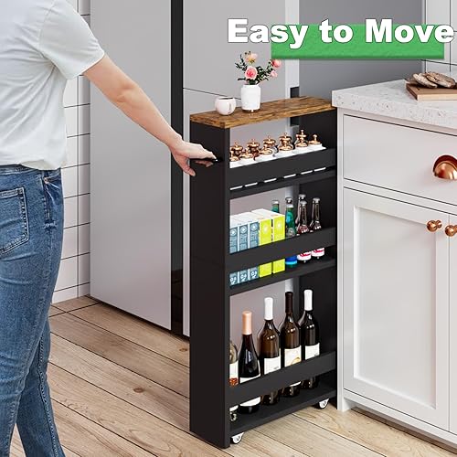 Miniatura 2 de MARTY - Carrito de almacenamiento rodante de 4 niveles, color negro, carrito de cocina con ruedas, carrito delgado de almacenamiento con asa,