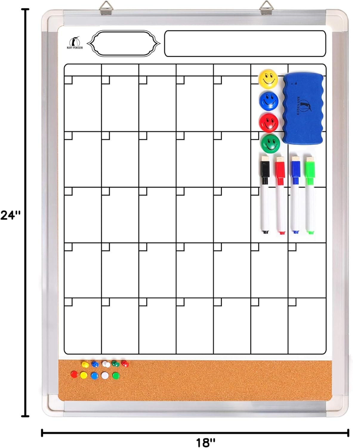 Whiteboard Calendar Dry Erase for Wall - 18 x 24 in White Board Planner Monthly Magnetic with 1 Eraser, 4 Dry Wipe Markers, 4 Magnets and 10 Thumb Tacks - Wall Hanging Marker Board Month Calendar