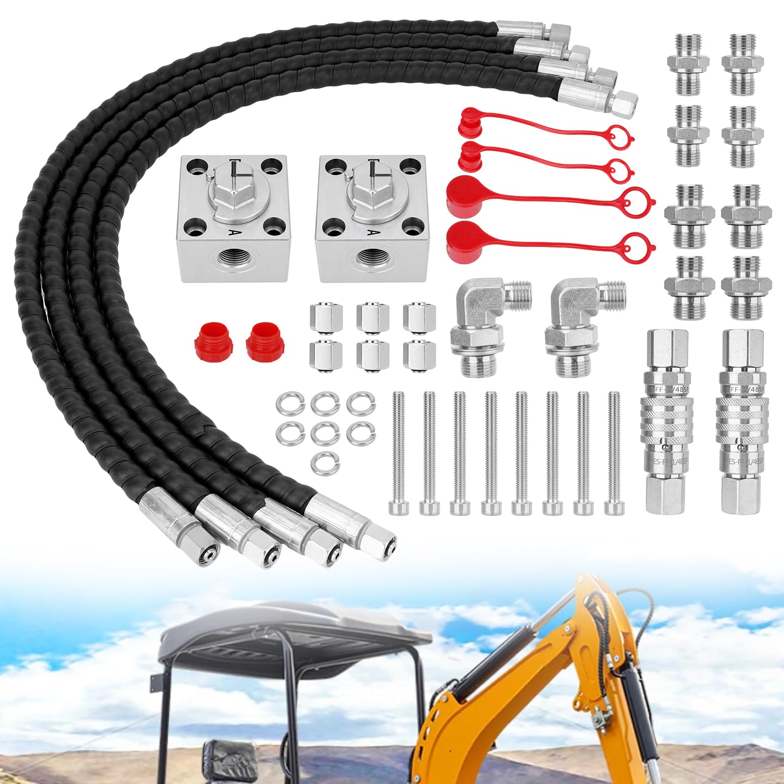Photo 1 of 2Pcs 3 Way Hydraulic Diverter Valves Kit Compatible with 1-2 Ton Mini Excavator with Quick Connects, 31 inch Flexible Hoses, Excavator Hydraulic Connection Block Full Kit Fit M14 Hose