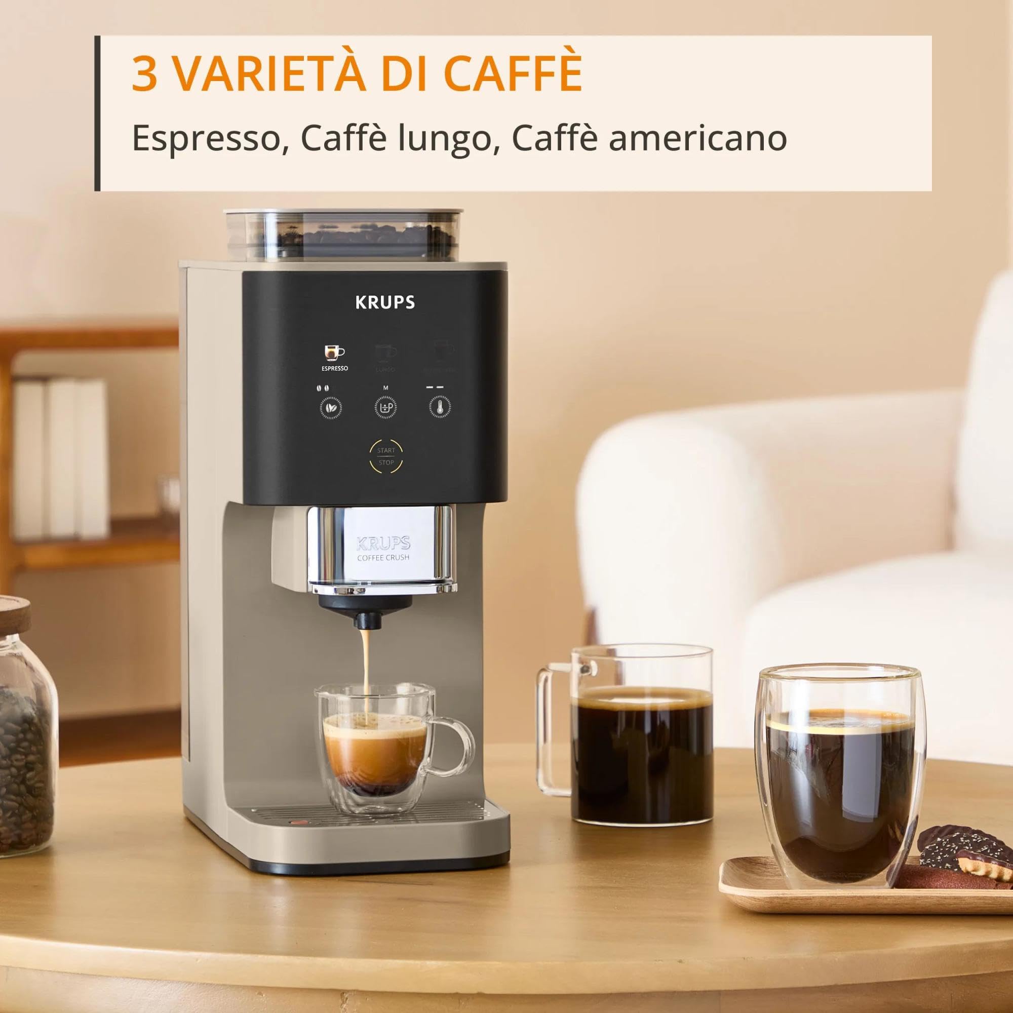 Krups Coffee Crush Extra, Macchina da Caffè Automatica, Super Compatta, Ingombro Minimo, 3 Livelli di Macinatura per Caffè in Grani, Intensità, Lunghezza e Temperatura Regolabili, 1370 W, Chai, SA402A