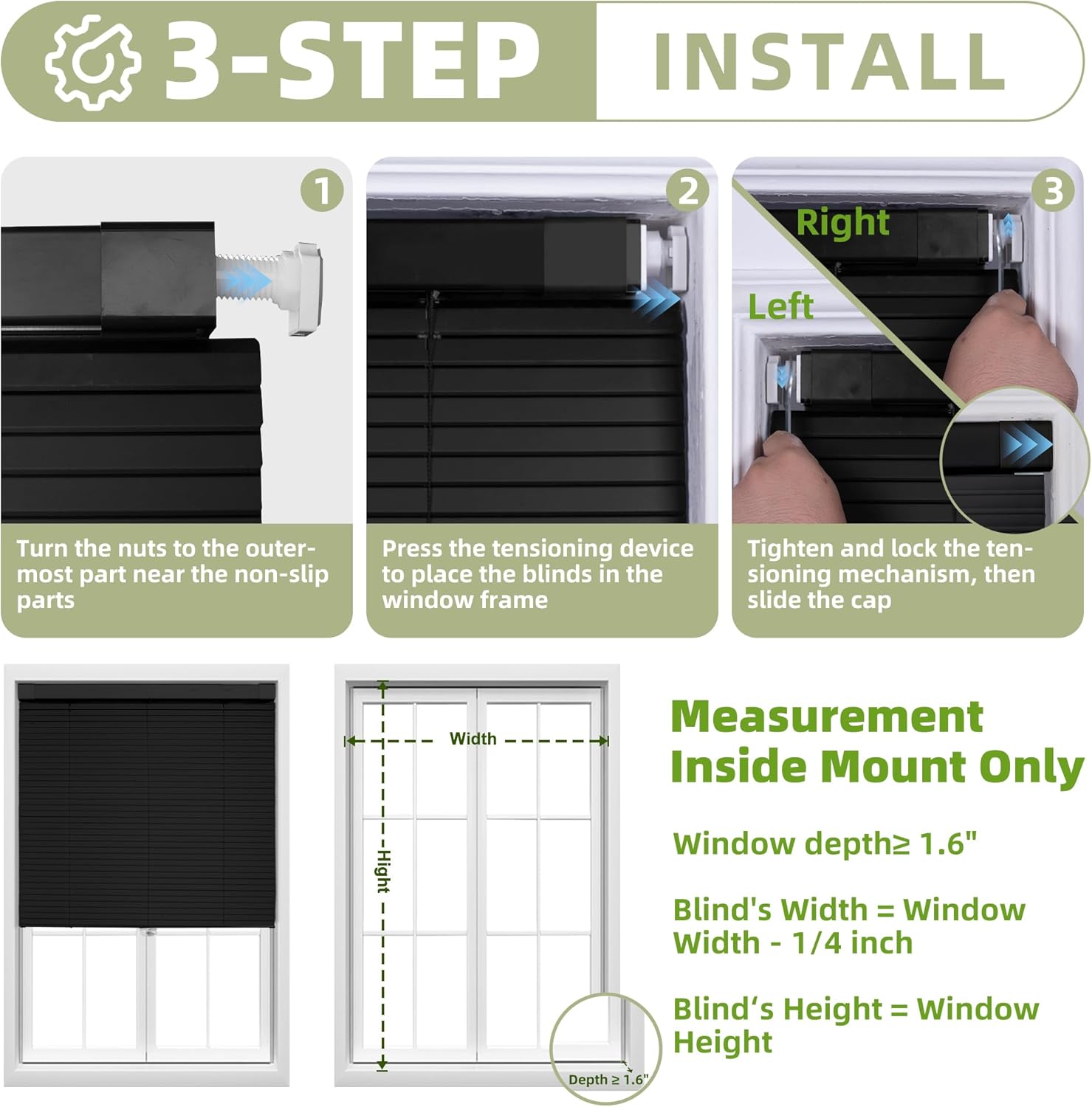 No Tools No Drill Mini Blinds, Cordless Wandless Aluminum L-Shaped Slats Pull Down Venetian Blinds, Custom Room Darkening Horizontal Window Blinds for Home, Living Room, Door, Black