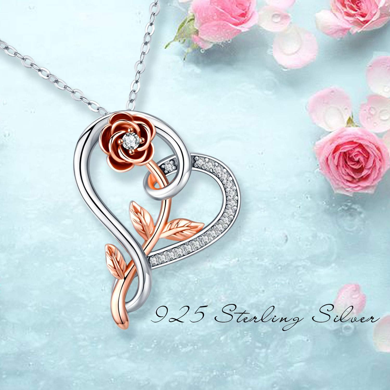 Rose Heart Necklace 925 Sterling Silver Rose Gold Plated Heart Pendant Necklaces Valentine's Day Christmas Jewelry Gifts for Her Mom Wife - Image 6