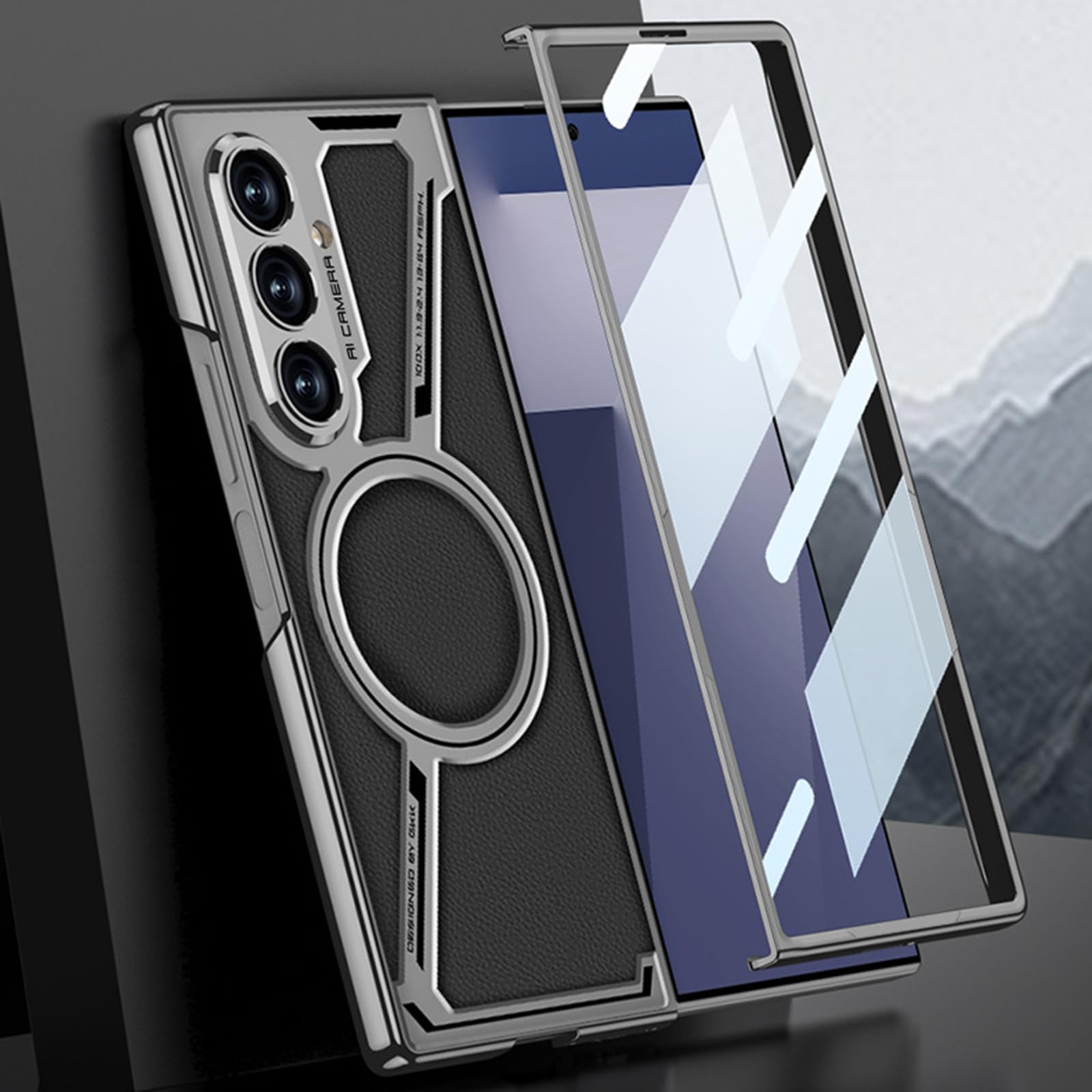 Magnetyczne etui do Samsung Galaxy Z Fold 7, ochrona aparatu, odporne na wstrząsy, wbudowana osłona ekranu, skórzane etui z teksturą włókna węglowego, czarne