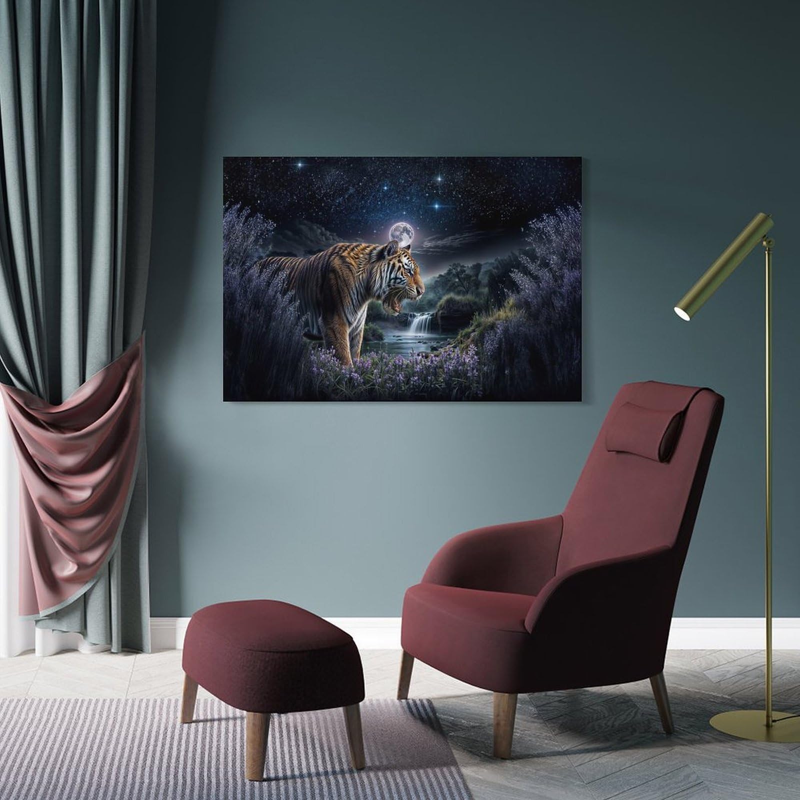 Junmoney Frame-Style-12 Tiger Under Moonlight Home Decor Wall Art 20X30inch(50X75cm), For Small Homes, Bedrooms Or Open Spaces, An Easy Choice For New Home Styling