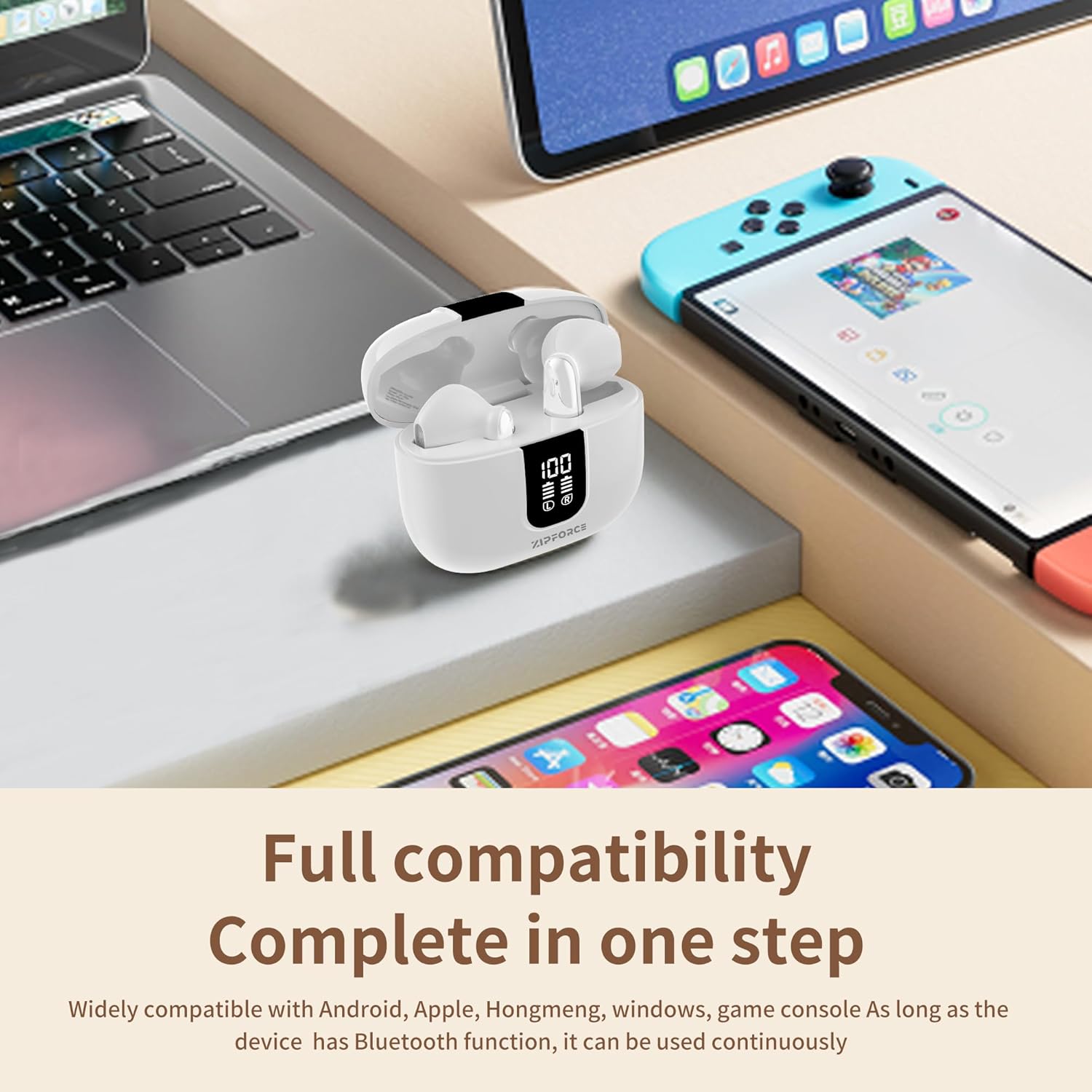 Two ZIPFORCE earbuds with water droplets on them, indicating IPX5 waterproof rating.