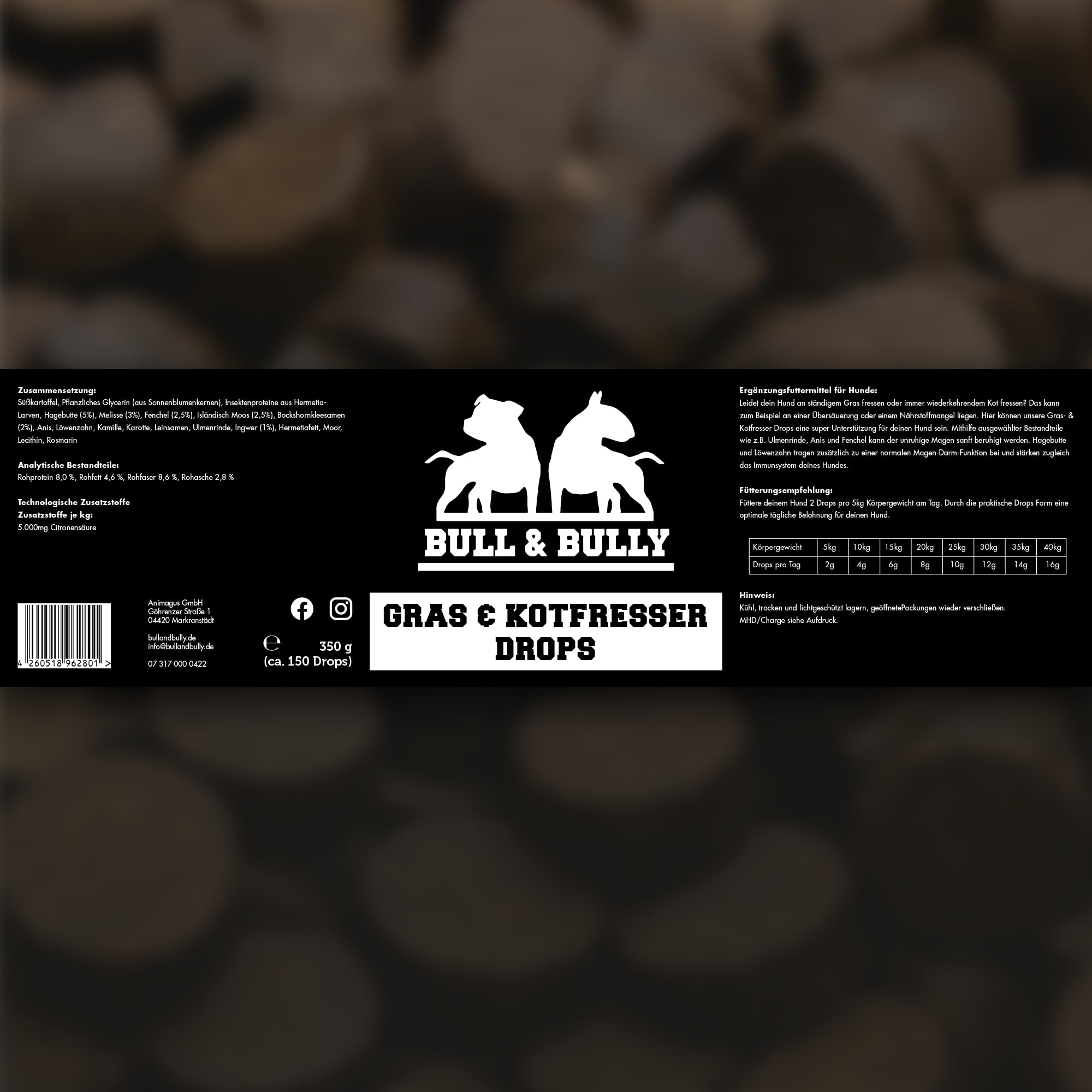 BULL & BULLY – Gras und Kotfresser Drops Hund 350 g (150 Drops) – Gesunde Hundeleckerli gegen Gras- & Kotfressen – Leckerlis Hund zur Unterstützung von Magen & Darm – Anti-Kotfresser Leckerli Hund